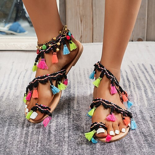

Women's Sandals Boho Bohemia Beach Flat Heel PU Leather Elastic Band Fall Summer Red