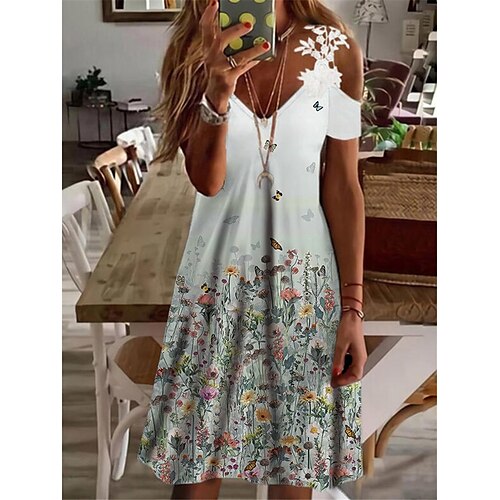 

Damen Casual kleid Grün Grau Kurzarm Blumen Spitze Frühling Sommer V Ausschnitt 2022 S M L XL XXL 3XL