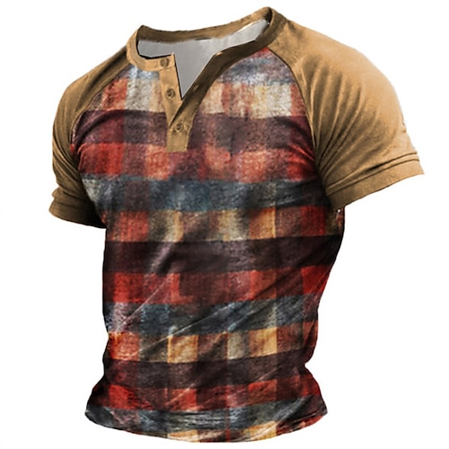 

Homme T shirt Tee Chemise Henley Shirt Tee Graphic Bloc de couleur Ecossais Henley Rouge 3D effet Grande Taille Extérieur du quotidien Manches Courtes Patchwork Bouton bas Vêtement Tenue basique