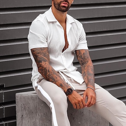 

Men's Shirt Solid Color Turndown Street Casual Button-Down Short Sleeve Tops Casual Fashion Breathable Comfortable White