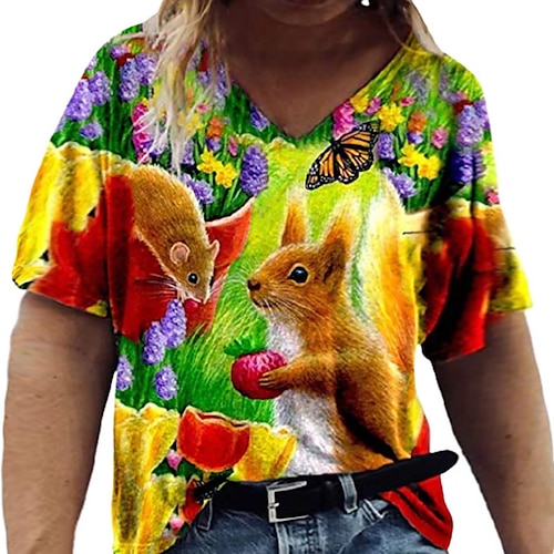 

Mujer Camiseta Negro Amarillo Rojo Animal Floral Estampado Manga Corta Diario Vacaciones Ropa de calle Pijo Escote en Pico Regular Talla Grande L