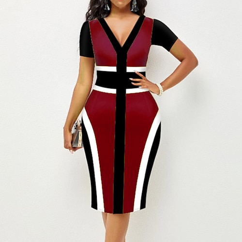 

Mujer Corte Bodycon Vestido tubo Vestido Midi Amarillo Vino Rojo Manga Corta Color puro Estampado Primavera Verano Escote en Pico Trabajo 2023 S M L XL XXL 3XL 4XL