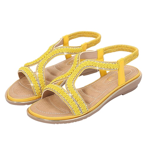 

Women's Sandals Boho Bohemia Beach Rhinestone Flat Heel Round Toe Open Toe Elegant Casual Party Beach PU Leather Elastic Band Spring Summer Solid Colored White Black Rosy Pink