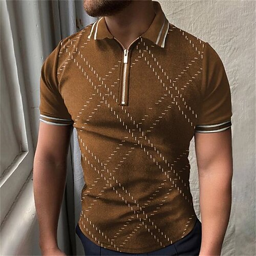 

Men's Shirt Solid Color Geometric Turndown Street Casual Button-Down Short Sleeve Tops Casual Fashion Breathable Comfortable Brown