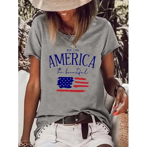 

Women's Casual Weekend Painting T shirt Tee Text American Flag Short Sleeve Print Round Neck Basic Tops Green White Black S