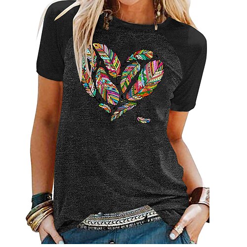 

Women's Casual Daily Holiday T shirt Dress Graphic Heart Feather Short Sleeve Print Round Neck Basic Tops Green Blue Light gray S