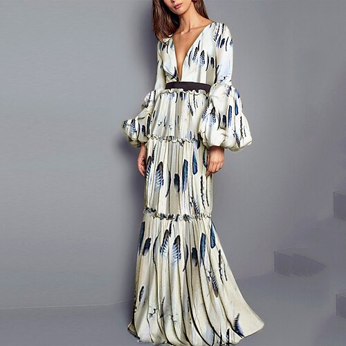 

Women's A Line Dress Maxi long Dress Gray Long Sleeve Print Print Spring Summer Deep V Elegant Formal Modern 2022 S M L XL / Party Dress
