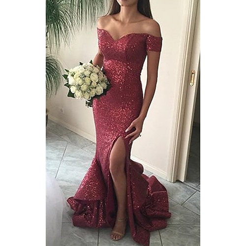 

Mermaid / Trumpet Evening Dresses Sexy Dress Wedding Guest Court Train Short Sleeve Off Shoulder Sequined with Ruffles Slit Tier 2022 / Formal Evening / Sparkle & Shine