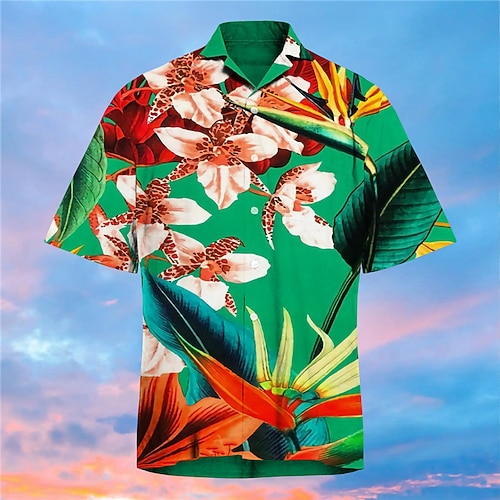 

Men's Shirt Print Floral Turndown Street Casual Button-Down Print Short Sleeve Tops Casual Fashion Designer Hawaiian Green