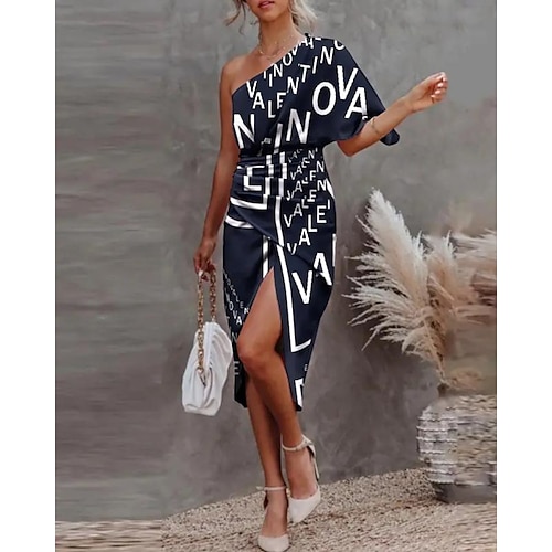 

Women's Bodycon Midi Dress Light Pink Light Green Wine Short Sleeve Letter Print Spring Summer One Shoulder 2022 S M L XL XXL