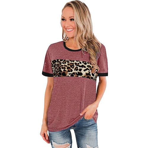 

Damen T Shirt Schwarz Rosa Wein Leopard Bedruckt Kurzarm Casual Wochenende Basic Rundhalsausschnitt Standard Farbe S