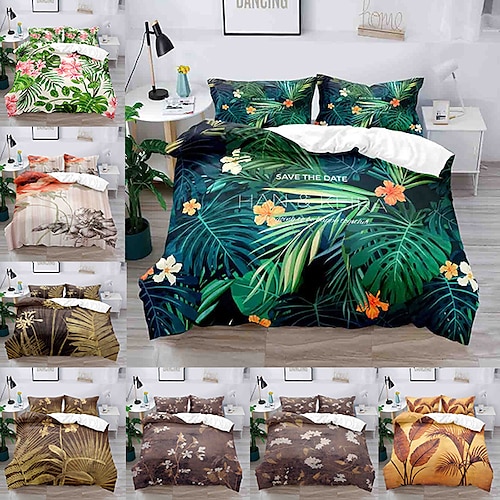 

Botanical Pattern 3-Piece Duvet Cover Set Hotel Bedding Sets Comforter Cover with Soft Lightweight Microfiber, Include 1 Duvet Cover, 2 Pillowcases for Double/Queen/King(1 Pillowcase for Twin/Single)