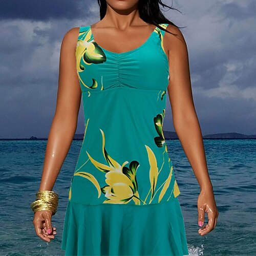 

Women's Swimwear Tankini 2 Piece Normal Swimsuit Backless 2 Piece Print Flower Dark Green Scoop Neck Bathing Suits New Vacation Modern / Cute / Padded Bras