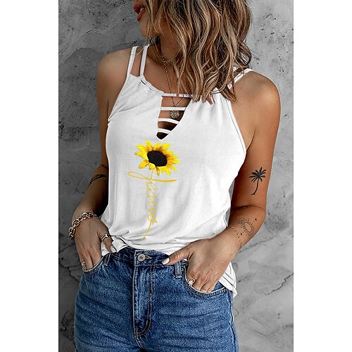 

Women's Casual Weekend Floral Tank Top Camis Sunflower Sleeveless Cut Out Print V Neck Casual Streetwear Tops Green White Black S