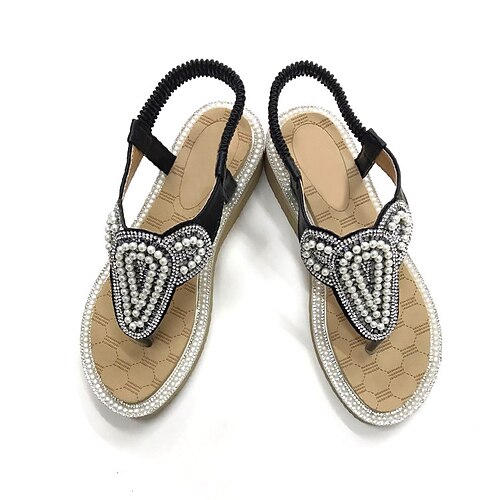 

Women's Sandals Boho Bohemia Beach Rhinestone Flat Heel Round Toe Open Toe Elegant Casual Party Beach PU Leather Elastic Band Spring Summer Solid Colored Black