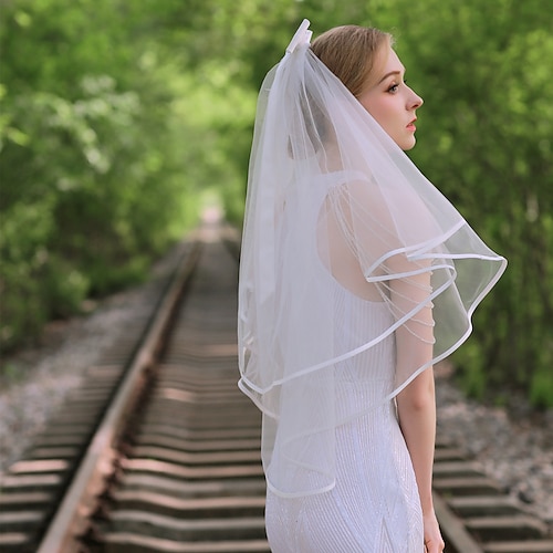 Two-tier Classic & Timeless / Cute Wedding Veil Fingertip Veils with Satin  Bow Tulle 2023 - $10.99