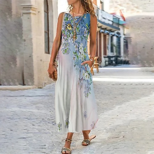 

Women's Shift Dress Maxi long Dress Blue Sleeveless Floral Color Gradient Print Spring Summer U Neck Casual Vacation 2022 S M L XL XXL 3XL