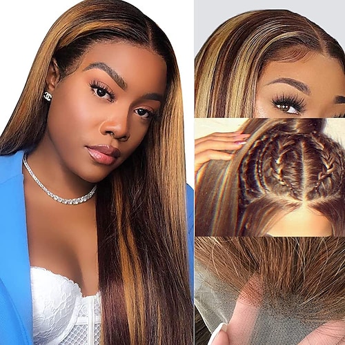 

13x4 Highlight Wig Human Hair Ombre Highlight Lace Front Wigs Human Hair Wig Brown Blonde Straight Wig Brazilian Virgin Straight Hair Colored Straight Wigs Lace Front Wig Human Hair