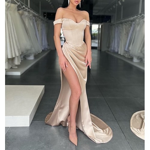 

Mermaid / Trumpet Prom Dresses Minimalist Dress Prom Court Train Sleeveless Off Shoulder Charmeuse with Slit Pure Color 2022 / Formal Evening