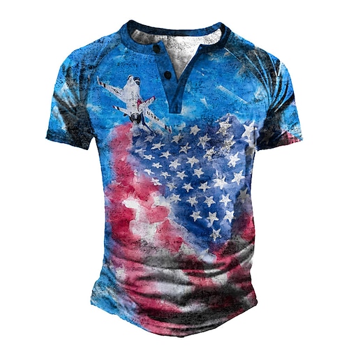 

Men's Henley Shirt Tee T shirt Tee 3D Print Graphic Color Block National Flag Plus Size Henley Daily Sports Patchwork Button-Down Short Sleeve Tops Basic Casual Classic Designer Blue