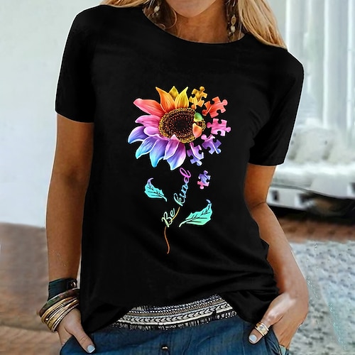 Women's T shirt Tee 100% Cotton Black White Navy Blue Sunflower Print Short Sleeve Casual Weekend Basic Round Neck Regular Cotton Floral Painting S, lightinthebox  - buy with discount