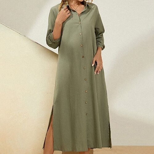 

Women's Casual Dress Shift Dress Long Dress Maxi Dress Green Long Sleeve Pure Color Split Winter Fall Autumn Shirt Collar Winter Dress Weekend Fall Dress Loose Fit 2023 S M L XL XXL 3XL