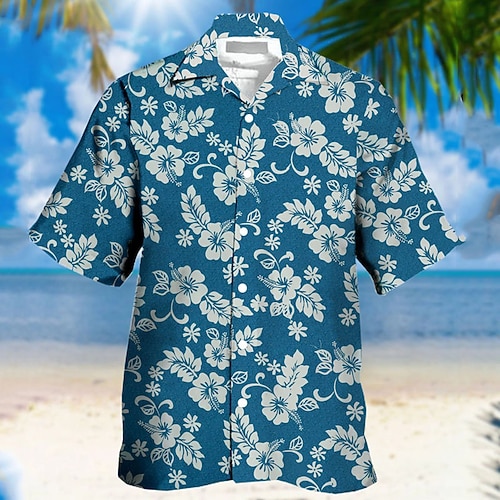 

Men's Shirt Floral Turndown Street Casual 3D Button-Down Tops Casual Fashion Breathable Comfortable Blue / White