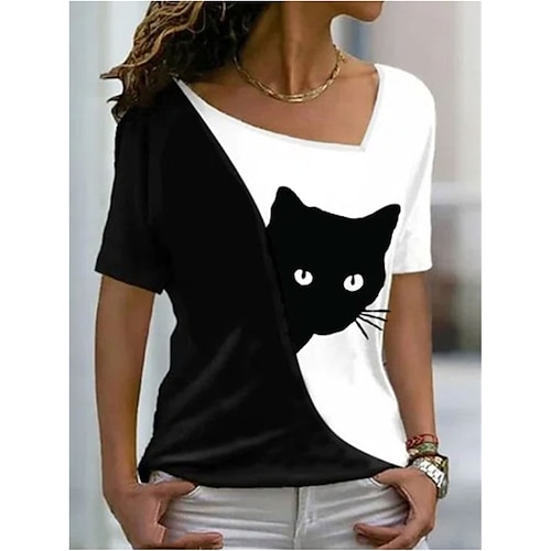 

Mujer Camiseta Negro Gato Retazos Estampado Manga Corta Casual Diario Básico Escote en Pico Regular Gato S