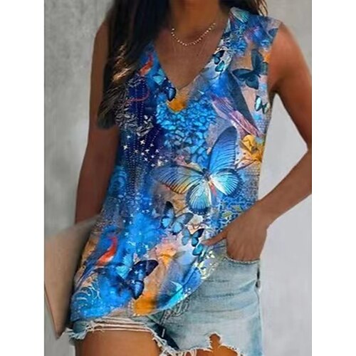 

Women's Daily 3D Printed Blouse Floral Butterfly Sleeveless Print V Neck Tops Blue Pink S