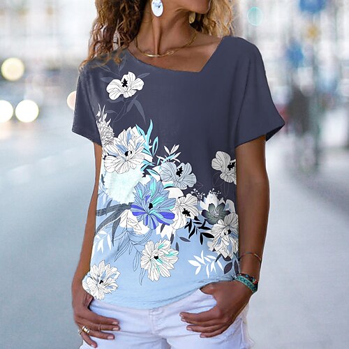 

Women's Casual Holiday Weekend Floral Painting T shirt Tee Floral Short Sleeve Print V Neck Basic Tops Blue Pink Yellow S / 3D Print