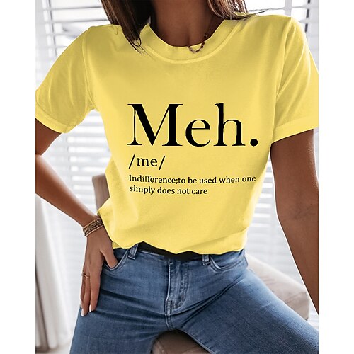 

Women's Painting T shirt Text Print Round Neck Basic Tops Blue White Black