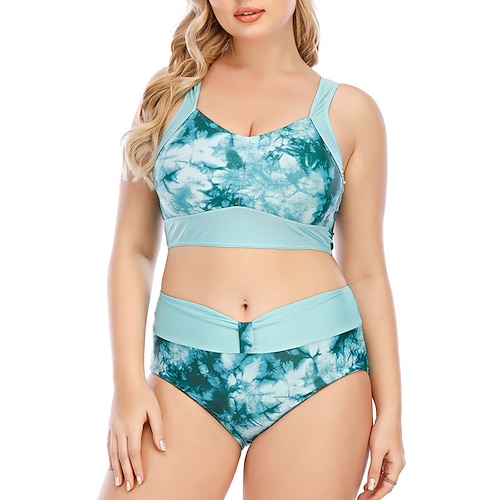 

Women's Swimwear Bikini 2 Piece Plus Size Swimsuit Open Back Printing High Waisted Tie Dye Blue Tank Top V Wire Bathing Suits New Vacation Fashion / Sexy / Modern / Padded Bras