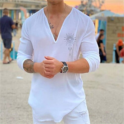 

Men's Shirt Hot Stamping Graphic Sun V Neck Street Casual Print Long Sleeve Tops Casual Fashion Designer Big and Tall White Black