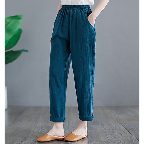 

Women's Chinos Pants Trousers Trousers Linen / Cotton Blend Blue Black Mid Waist Fashion Casual Weekend Side Pockets Micro-elastic Ankle-Length Comfort Plain M L XL XXL