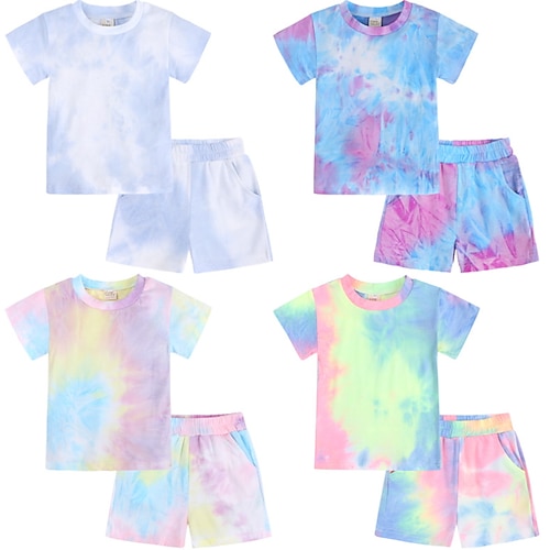 

2 Pieces Kids Unisex T-shirt & Shorts Clothing Set Outfit Tie Dye Short Sleeve Cotton Set Outdoor Active Daily Spring Summer 2-8 Years Blue Pink Dusty Rose