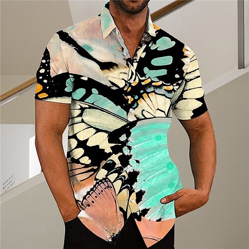 

Men's Shirt Print Butterfly Animal Turndown Street Casual Button-Down Print Short Sleeve Tops Casual Fashion Designer Breathable Beige