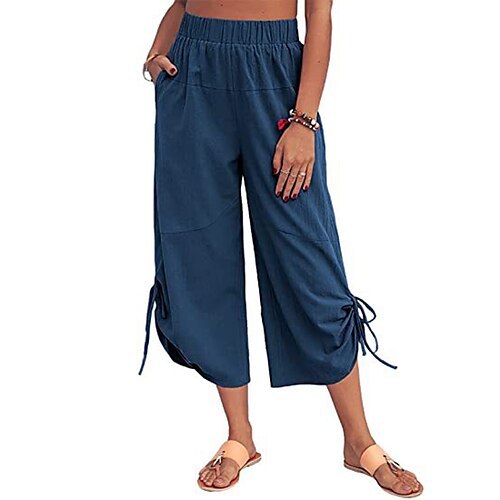 

Women's Chinos Pants Trousers Faux Linen Green Blue Purple Mid Waist Fashion Casual Weekend Side Pockets Calf-Length Comfort Plain S M L XL XXL / Loose Fit