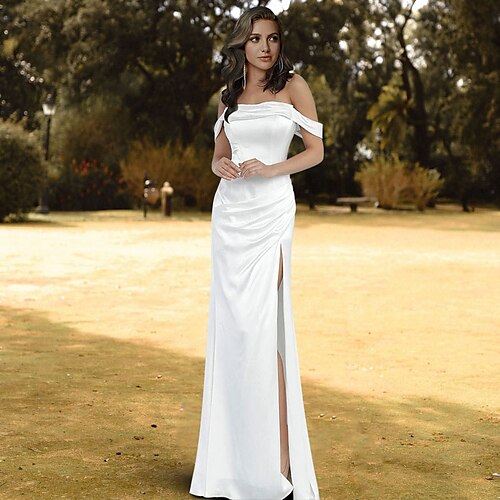 

Sheath / Column Wedding Dresses Off Shoulder Sweep / Brush Train Satin Cap Sleeve Simple Sexy Backless with Split Front 2022