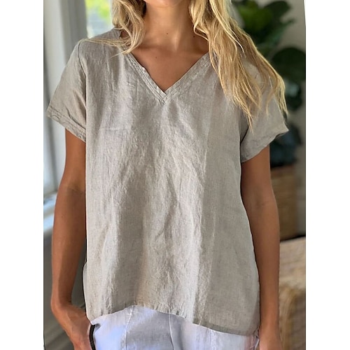 

Women's Daily Weekend Blouse Shirt Plain Short Sleeve V Neck Casual Streetwear Tops Green Blue Gray S