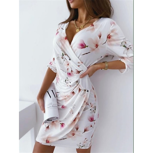 

Women's Bodycon Sheath Dress Mini Dress Red White 3/4 Length Sleeve Floral Ruched Winter Fall Autumn V Neck 2022 S M L XL XXL