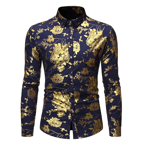 

Men's Shirt Prom Shirt Floral Turndown Navy Blue Outdoor Street Long Sleeve Button-Down Clothing Apparel Fashion Casual Breathable Comfortable