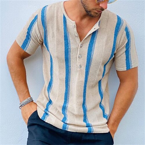 

Men's Shirt Hot Stamping Striped Henley Street Casual Button-Down Print Short Sleeve Tops Casual Fashion Breathable Comfortable Blue