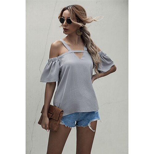 

Women's Daily Weekend Blouse Shirt Plain Short Sleeve Cut Out V Neck Casual Streetwear Tops Black Gray Pink S