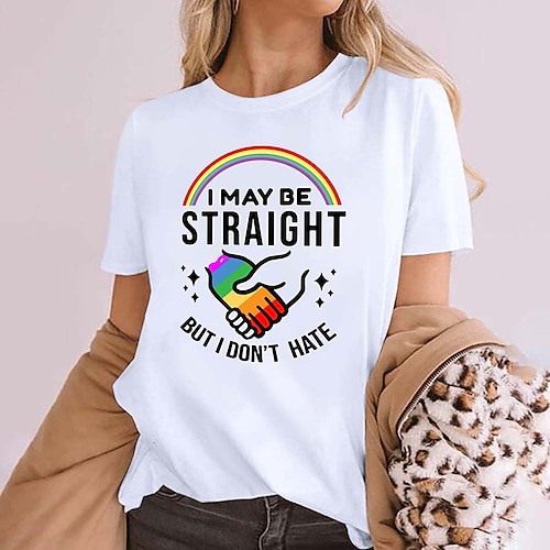 

Women's T shirt Tee Green Yellow Army Green Rainbow Text Print Short Sleeve Casual Weekend Basic Round Neck Regular Cotton LGBT Pride Painting S