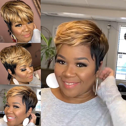 

Synthetic Wig Straight Pixie Cut Wig Short Ombre Black / Medium Auburn Synthetic Hair Women's Soft Party Easy to Carry Black Brown Daily Wear Party African American Short Wig Female Hairstyles
