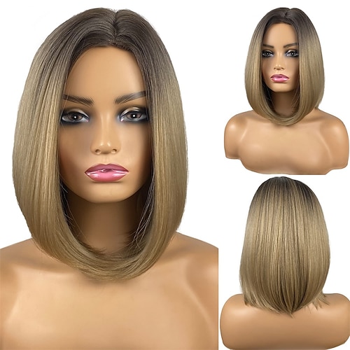 

Ash Blonde Straight Bob WigShoulder Length Ombre Wigs with Dark Brown Roots for Women Side Parting Short Bob Synthetic Wigs for Party Daily