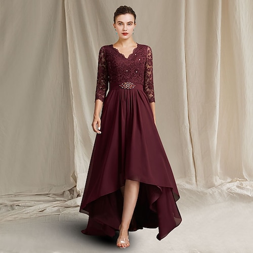 

A-Line Mother of the Bride Dress Plus Size Elegant V Neck Asymmetrical Floor Length Chiffon Lace 3/4 Length Sleeve with Pleats Appliques Crystal Brooch 2022