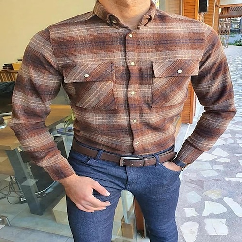 

Men's Shirt Plaid Turndown Casual Daily Button-Down Long Sleeve Tops Casual Fashion Breathable Comfortable Brown