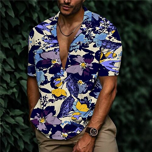 

Men's Shirt Print Floral Turndown Street Casual Button-Down Print Short Sleeve Tops Casual Fashion Designer Breathable Blue