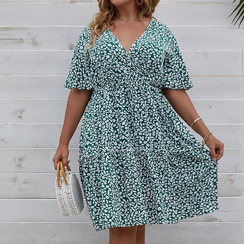 

Women's Plus Size Casual Dress Floral V Neck Ruffle Half Sleeve Fall Spring Work Casual Knee Length Dress Causal Daily Dress